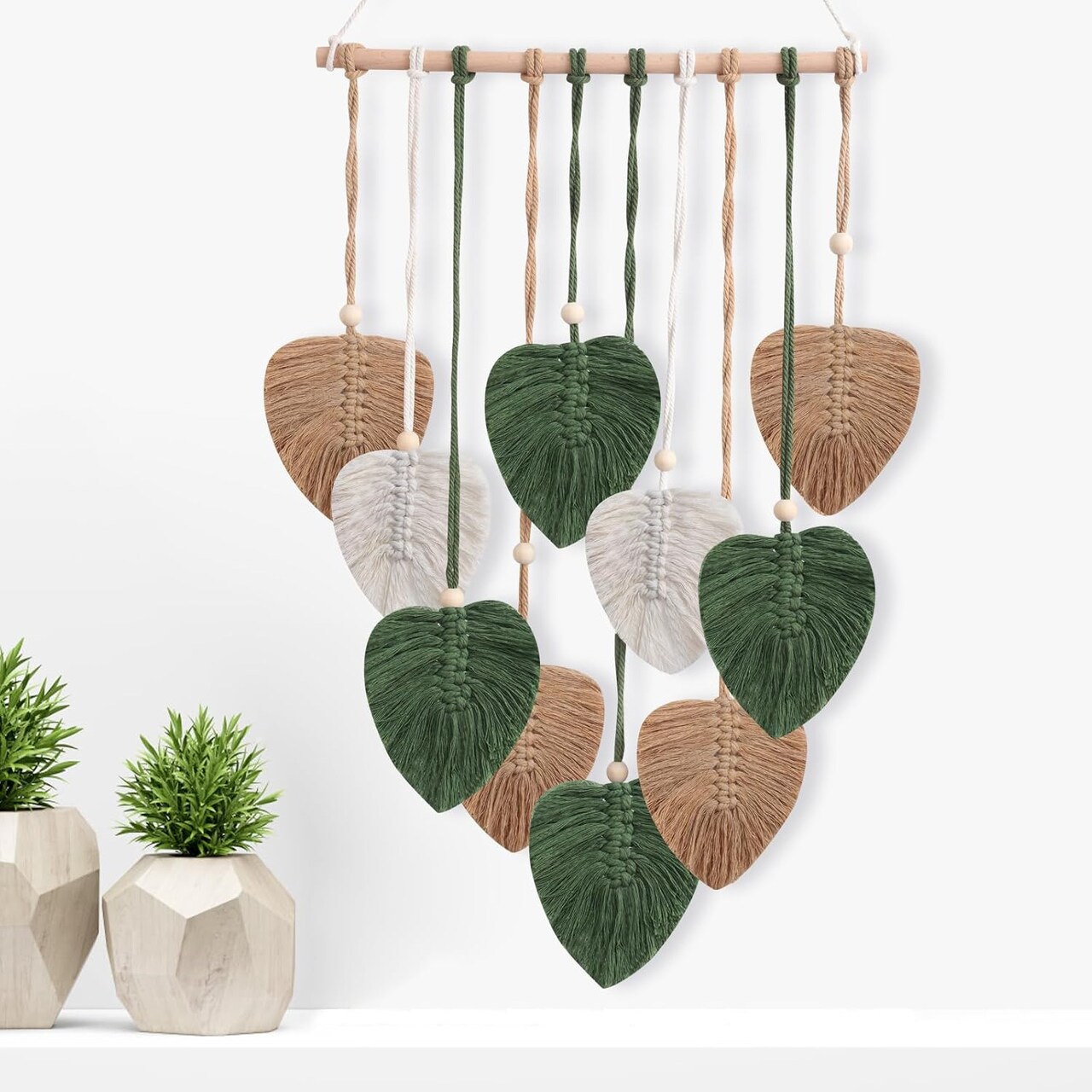 Boho Macrame Leaf Wall Hanging – Handmade Woven Feather & Yarn Tassel Tapestry, Wall Art Decor for Living Room, Bedroom, Office, Nursery, Apartment, 16 x 26 in (Brown & Green)